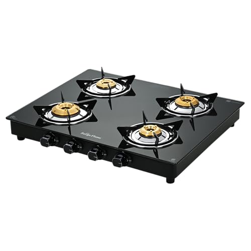Image of Surya Flame Maestro 4-Burner Gas Stove, Toughened Glass Cooktop, 1 Jumbo Burner + 3 Tri-Pin Brass Burners, Manual Ignition, Black