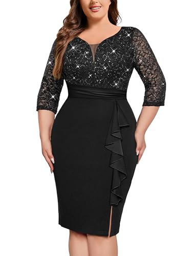 Image of MISSMAY Plus Size Lace Ruffle Cocktail Party Dress | Sequined Dress,V Neck,Ruffle Split Hem,Party Dress,Sparkle,Curvy Women,Bodycon Dress