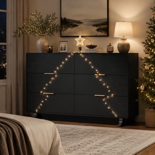 Image of Gyfimoie 47.24 inch Wide Dresser for Bedroom, 6 Drawer Black Dresser with Gold Metal Handle & Fluted Design, Chest of Drawers with Sturdy Base, Wood Dressers for Bedroom, Living Room, Hallway