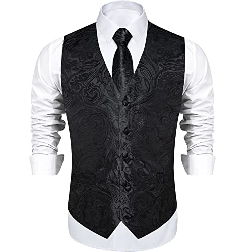 DiBanGu Mens Paisley Vest Tie Set with Lapel Pin Tie Clip 7PCS Silk V-Neck Suit Waistcoat and Necktie for Tuxedo Wedding, Black, Small3