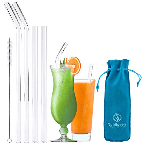 NUTRI-Straws Glasstrohalme 4er Set Lang Gerade 15cm & Gebogen 20cm | Plastikfreie Borosilikat Glas Strohhalme | Reinigungsbürste + Pouch | Wiederverwendbare Trinkhalme Smoothies Säfte Cocktails Cover
