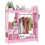 AIYAPLAY Perchero para niños, armario con espejo, estantes, cajas de almacenamiento de tela y ganchos laterales, almacenamiento de disfraces para niños para dormitorio de niñas, guardería, color rosa