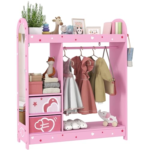 AIYAPLAY Kids Clothes Rail Kids Wardrobe with Mirror Shelves Fabric Storage Boxes and Side Hooks Children Dress up Storage for Girls Bedroom Nursery Pink