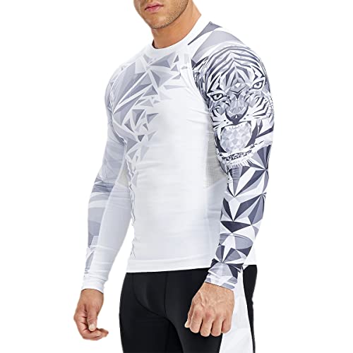 HUGE SPORTS Rash Guard BJJ pour Homme Rashguard de Compression à Manches Longues pour Surf MMA Jiu Jitsu Lutte Natation Beast Layer Tigre 2XL