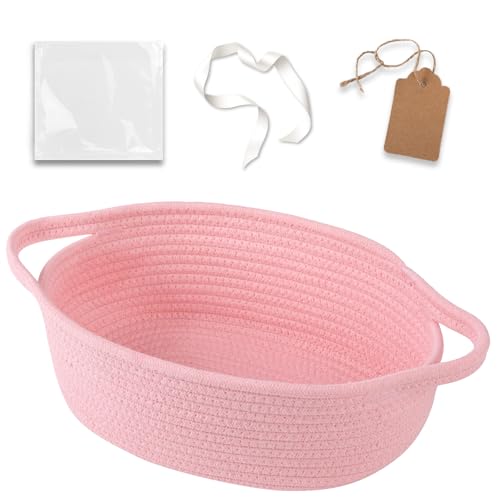 Image of OIAHOMY Small Woven Basket with Gift Bags, Ribbons & DIY Label Card, Baskets for Gifts Empty, Small Rope Basket 12 * 8 * 5IN, Cute Decorative Baskets with Handles for Baby Pets, Toys, Pink