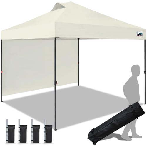 Image of Eurmax USA NOMATTER ONE-Person Open&Close 10x10ft Pop Up Canopy Tent,Portable Shelter Canopy for Outdoor Events with 1 Removable Sidewall,Instant Canopies,Bonus 4 Sand Bags(Ivory White)