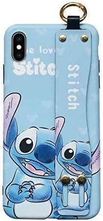 Soft TPU Blue Stitch and Lilo Case with Stand Hand Holder Loop for iPhone XR iPhoneXR 6.1 Cartoon Cute Lovely Protective Kawaii Gift Kids Teens Girls Boys Son Daughter
