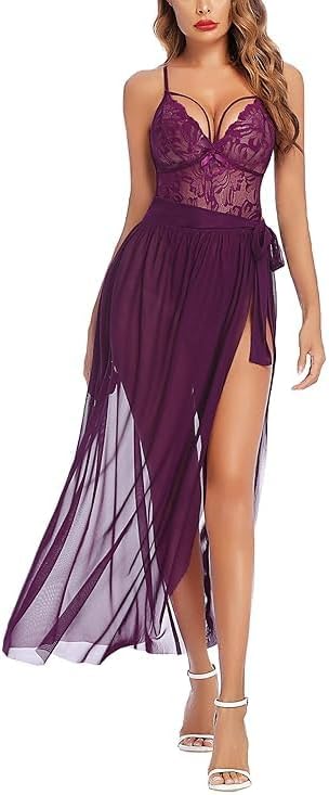 Softwrap Sexy Nightgowns Deep V Lace Bodysuit Mosaic Lace Teddy Mesh Skirt Babydoll Dress Honeymoon Nightwear Sleepwear Nighty Anniversary Dress Purple