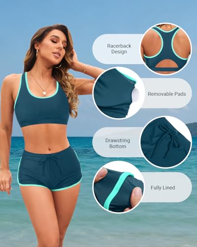 Image of Women Two Piece Sporty Bikini Set Athletic Swimsuits with Boy Shorts Bottom