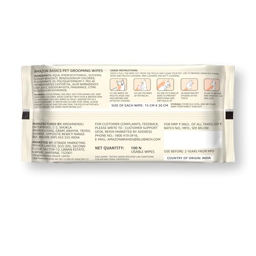 Image of Amazon Basics Pet Grooming Wipes | Mild Scent | Odor Control | Moisturizing | Antibacterial | Safe for All Dogs, Cats, Puppies, Kittens | Suited for Travel & Outdoors | 200 Count (100 x 2 Pack)