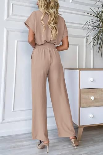 PRETTYGARDEN Women's Summer One Piece Jumpsuits Belted Short Sleeve Wrap V Neck Fashion Dressy Casual Wide Leg Pants Romper
