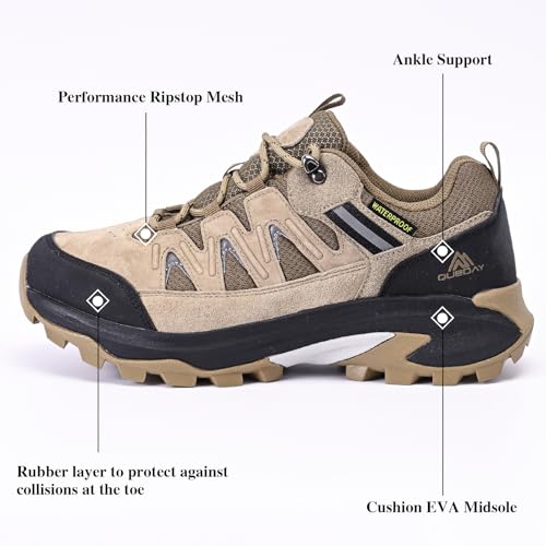 Queday Mens Womens Leather Waterproof Hiking Shoes Lightweight Outdoor Walking Shoes Breathable Suede Hike Trekking Trails Camping Climbing - Image 3