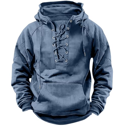 Mens Tactical Sweatshirts Lace Up Aztec Hooded Pullover Long Sleeve Cargo Workout Outdoor Hoodies with Pocket S-3XL