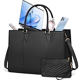 NEWHEY Laptop Bag for Women 15.6 Inch Work Tote Bags Leather Computer Bag with Clutch Purse Professional Office Briefcase Waterproof Handbag for Business Travel College, Black