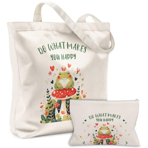 Wazzio Mushroom Gifts for Women with 2 Pcs Canvas Bag with Makeup Bag, Birthday Gifts for Mushroom Lovers, Frog Theme Gift, Reusable Grocery Bags for Shopping Gym Travel Vacation Work
