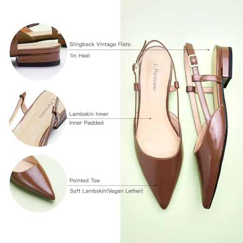 Image of C.Paravano Slingback Flats | Pointed Toe Flats | Slingback Sandals | Women's Slingback Dress Shoes | Adjustable Buckle Sandals(Size 10,Brown)
