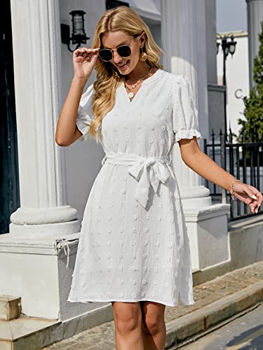 Blooming Jelly Womens Puff Sleeve Summer Dress A-Line Knee Length Flowy Dress Tie Waist Elegant Dresses(Medium,White #TOP2