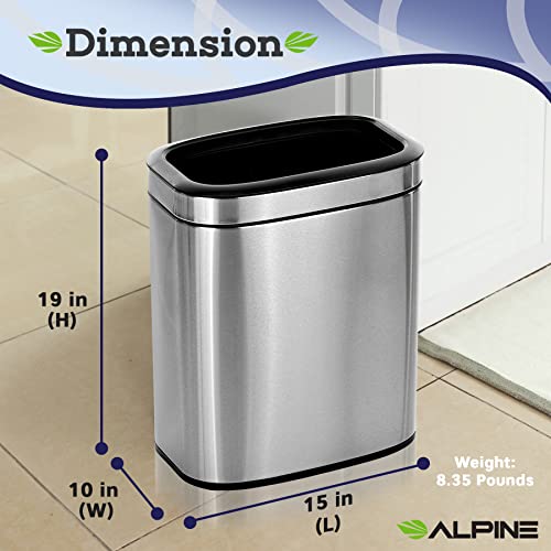 Alpine Industries 20 L / 5.3 Gal Stainless Steel Slim Open Trash Can - Compact Garbage Bin - Wide Access Top Slender Durable Receptacle With Sturdy Plastic Liner #TOP5