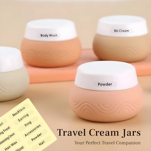 Image of Lyrovo 30ml Silicone Travel Containers for Toiletries, Set of 4 - BPA-Free Leakproof Refillable Cosmetic Jars with Clear Bag, Name Stickers, and Scoops for Face, Hand & Body Creams (Beige)