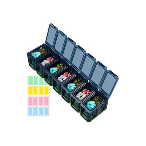 Pastillero semanal, organizador de píldoras para la semana | Clasificador de píldoras desmontable semanal | Dispensador de medicina antimovimiento hermético con ranura para etiquetas para el s