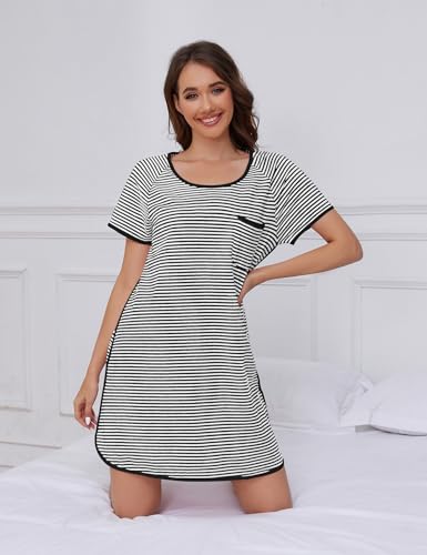 Image of VibeVista Cotton Nightgowns for Women Summers Striped House Dresses Short Sleeve Crew Neck Sleepwear Sleepshirts Sleep Dress