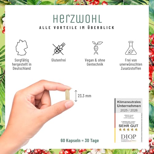 NATURTREU® Herzwohl mit hochdosiertem Weißdorn, Arjuna & Coenzym Q10 - Natürliche Alternative zu herkömmlichen Venenkapseln