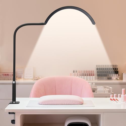 ZEKAHOV Professional Half Moon LED Desk Light for Nail Techs & Artists Flexible Gooseneck Lamp with Clamp 5 Color Modes & 5 Brightness Levels for Manicure Tattoo Beauty Work