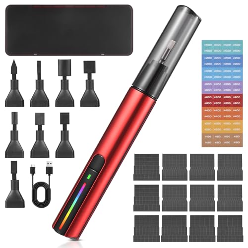 Irishom Reciprocating Detail Sander Tool with 8pcs Sanding Head 3 Speed Adjustable Colorful Light Cordless USB Charging Electric Pen Sander with 12 Sheet Self-Adhesive Sandpaper and Storage Box