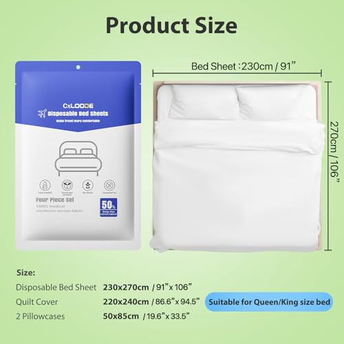 4 PCS Disposable Bed Sheet Queen Size, Travel Sheet for Hotel, Disposable Sheet for Travel Bedding Cover Portable Sheet with 1 Quilt Cover, 1 Sheet and 2 Pillowcase for Travel Business Trip Spa Hotel