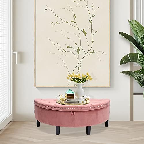 INMOZATA Half Moon Storage Ottoman Bench Velvet Window Seat Bench Footstool Upholstered Bench Sofa Bench Bed End Stool for Living Room Bedroom Hallway Pink