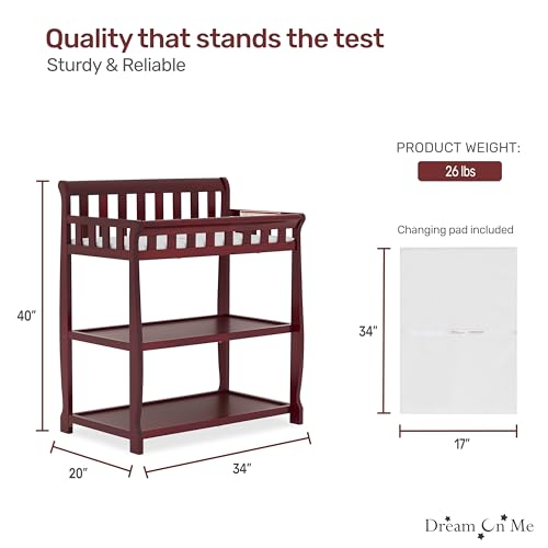 Image of Dream On Me Ashton 2-in-1 Changing Table & Nightstand in Cherry - Solid New Zealand Pinewood, Safety Rails, Spacious Storage Shelves & Water-Resistant Changing Pad, Converts to Nightstand