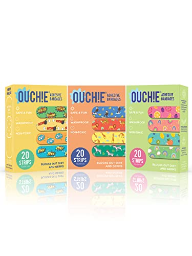 Image of Ouchie Non-Toxic Printed Bandages Tripal Combo Pack Of 3(60 pack) - Yellow, Orange & Lime Green