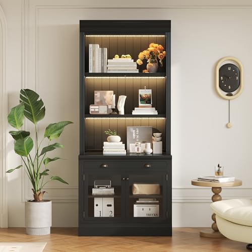 Image of Bookshelves and Bookcases with LED Floor Standing Display Storage Shelves,Open Shelves, 2 Glass Doors and 1 Drawer, 83.4 in Tall Bookcase for Home Office, Living Room, Black