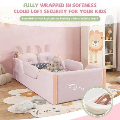 Image of Twin Size Kids Floor Bed Frame, Upholstered Montessori Platform Bed W /Removable Rails Cute Daybed Frame for Girls Boys, No Box Spring Required,Pink
