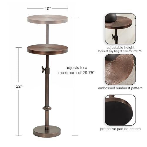Kate and Laurel Engles Traditional Adjustable-Height Pedestal Drink Table; 10 x 10 x 30; Bronze; Vintage Round Indoor Metal Plant Stand with Embossed Sunburst Pattern by Kate and Laurel - Image 2
