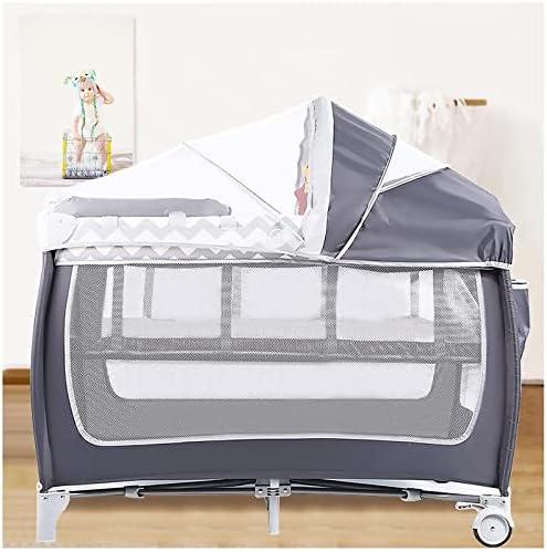 SoQte Foldable Luxury Nursery Baby Center, Multi Functional Movable Bed with Removable Diaper Table, Bed Net, Lovely Toys, Storage Bag, Portable Travel Crib with Wheels