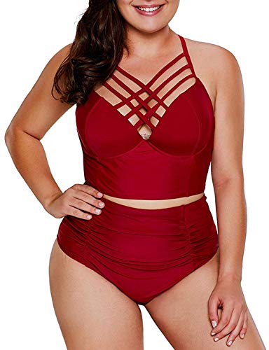 Dearlove Womens Plus Size Strappy High Waist Bikini Set Two Piece Swimsuit Padded Bathing Suit Tankini Bathing Suits Solid Red L 12 14 Dearlove Womens Plus Size Strappy High Waist Bikini Set Two Piece Swimsuit Padded Bathing Suit Tankini Bathing Suits Solid Red L 12 14