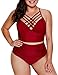 Dearlove Womens Plus Size Strappy High Waist Bikini Set Two Piece Swimsuit Padded Bathing Suit Slimming Swimwear Solid Red L 12 14