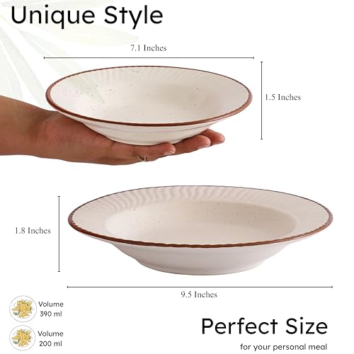 Image of miah decor Off-White Ceramic Pasta Bowls Set of 2 (Large & Medium) with Brown Rim | Stackable, Microwave & Dishwasher Safe | Stoneware Serving Bowls for Pasta, Salad, Soup, Ramen (Style 11)