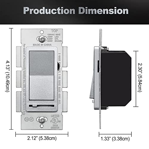 [10 Pack] Bestten Silver Dimmer Wall Light Switch With Screwless Wallplate, Single Pole Or 3-Way, Compatible With Dimmable Led, Cfl, Incandescent And Halogen Bulb, 120Vac, Ul/Cul Listed #TOP5