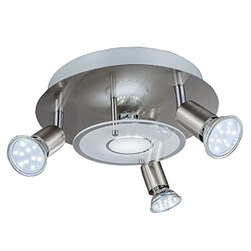 B.K.Licht plafonnier LED moderne 4 spots dont 3 orientables, ampoules GU10 3W, éclairage intérieur, métal & verre satiné, finition nickel matte, blanc chaud
