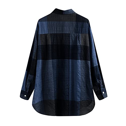 Camisa feminina de algodão e linho, abotoada, 2024, casual, manga comprida, xadrez, blusas soltas co