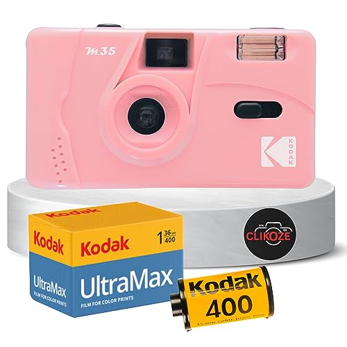 Reusable Film Camera Bundle includes Kodak M35 35mm Film Camera, Kodak 35mm film 36 exposures and Clikoze Tips Card (Pink)