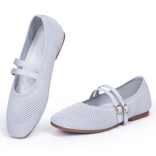Image of Frank Mully Women's Flats Square Toe Mary Jane Shoes Ballet Flats with Strap Comfortable Slip On Knit Shoes Dressy Casual