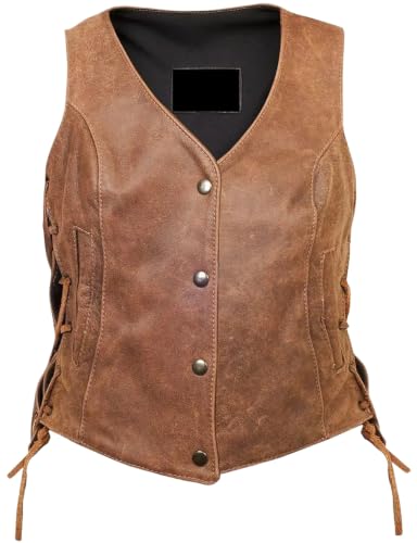 Chaleco de piel para mujer marrón estilo vaquero vintage con botones y bolsillos