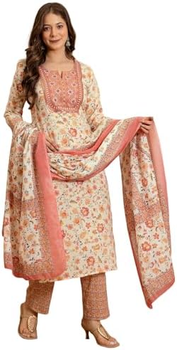 SKYLEE Women's Cotton Printed Straight Kurta with Pant with Dupatta (264KBD2772D-L_White)