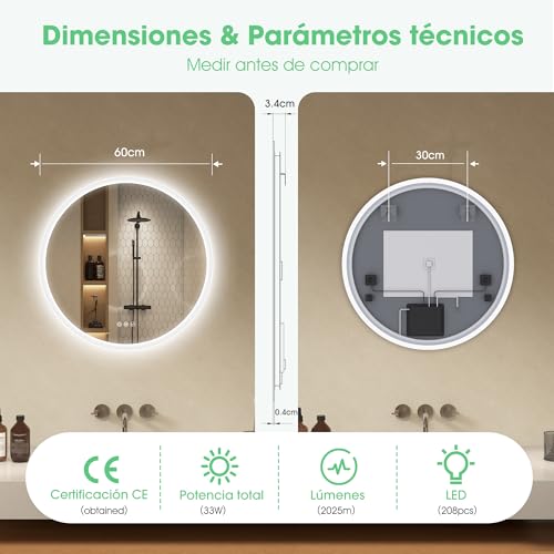 Miniatura 9 de S Bagno Redondo-Espejo-Baño Con-Luz 60 Cm, Espejos-De-Baño-Con-Led-Y-Bluetooth, Antivaho, 3000k 4000k 6500k, Regulable, Cristal Templado Hd, Función De Memoria, Ip44