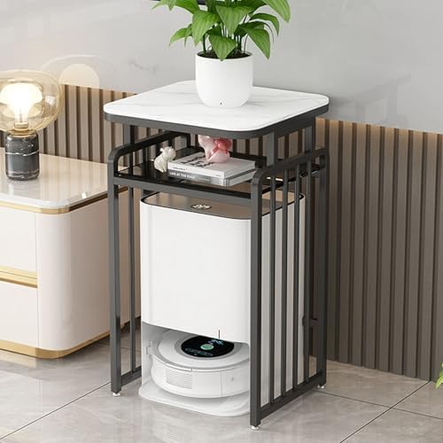 Robot Vacuum Stand with Storage Rack, Metal Side Table for Living Room & Dorm, Double Layer Organizer, 50cm/20in, White & Gray, Ideal for Sweeping Robots & Fish Tanks