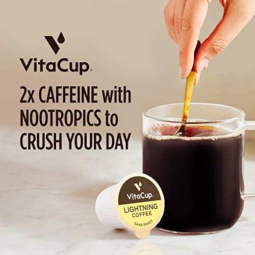 Vitacup Lightning Coffee Pods, Enhance Memory & Focus W/ 2X Caffeine, Green Coffee Bean, B Vitamins, D3, Strong Dark Roast Coffee, Recyclable Single Serve Pod Compatible W/Keurig K-Cup Brewers, 16 Ct #TOP1