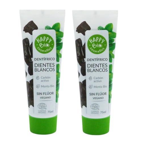 HAPPY BIO Cosmetics - PACK PROMO 2 Pastas de Dientes Natural, Dientes Blancos con Carbón Activo y Menta, Sin Flúor, 75 ML, Pasta De Dientes Vegana, Sin Gluten, Con Certificación Ecológica